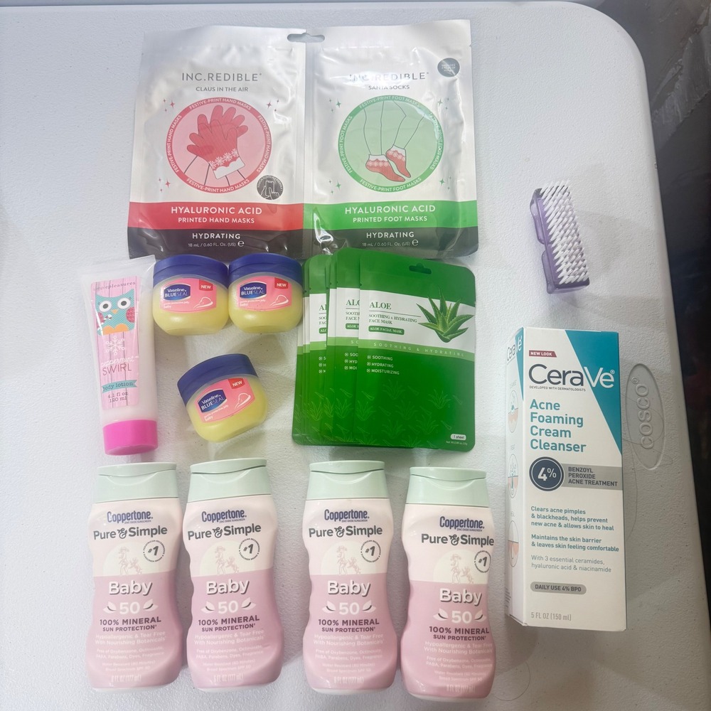 Skincare Bundle Lot Coppertone Vaseline baby aloe face Foot Masks Caracas lotion